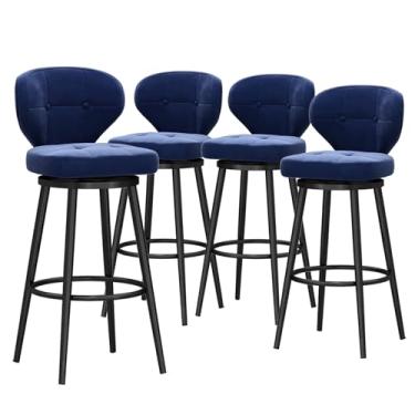 Imagem de Conjunto de 4 bancos de bar, banquetas giratórias estofadas com costas e pernas de metal preto para ilha de cozinha, tecido em veludo, altura do assento 65 cm, azul