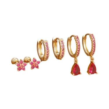 Imagem de Brincos De Argola Em Zircônia Vermelha Rosa, 6 Peças, Aço Inoxidável B