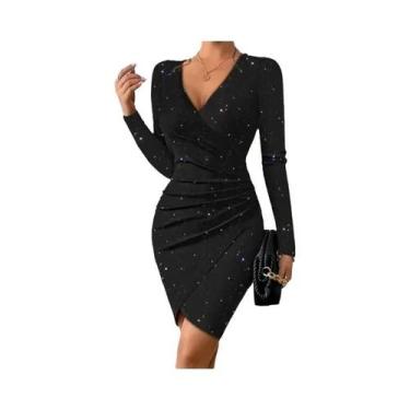 Imagem de Vestido Mini Elegante Preto Com Glitter, Decote Em V, Manga Longa, Pol
