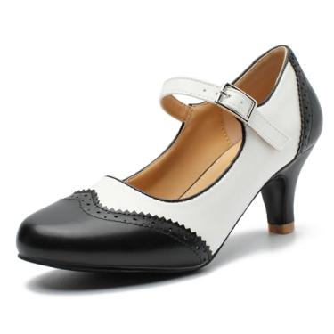 Imagem de Rjclyh Sapato social feminino Mary Jane duplo tom Oxford confortável salto baixo gatinho retrô tira no tornozelo bico redondo, Preto, 37