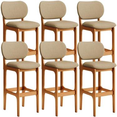 Imagem de Kit 6 Banquetas Alta Betta Imbuia Linho Bege Escuro