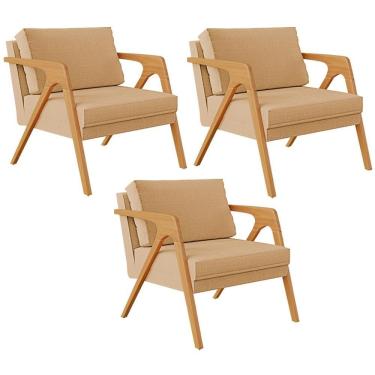 Imagem de Kit 03 Poltronas Pietra Estrutura L02 Linho Bege Escuro