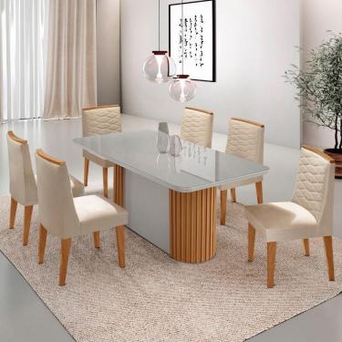 Imagem de Mesa Jantar Aspen Tampo MDF Vidro 6 Cadeiras Eloise Moderna Veludo Creme Off White Naturale