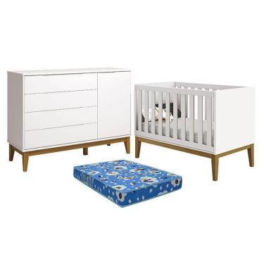 Imagem de Berço Americano Cômoda Porta Classic Elfe Branco Acetinado Pés Madeira Colchão Ortobom Reller