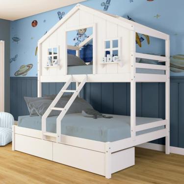 Imagem de Beliche Casal/ Solteiro Casinha Dos Sonhos Com 02 Gavetas Madeira Maciça Branco Megamobilia