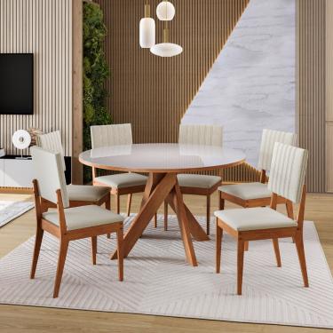 Imagem de Conjunto Sala de Jantar Mesa 137cm com Tampo de Vidro Mônaco com 6 Cadeiras Milão Madetal - Mel/Nude/Bege