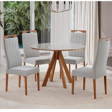 Imagem de Conjunto Sala de Jantar Mesa 90cm com Tampo de Vidro Dallas com 4 Cadeiras Grécia Madetal - Mel/Nude/Cinza