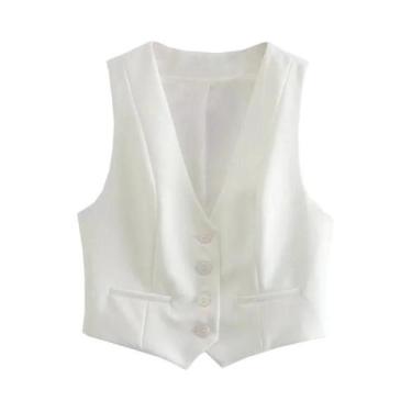 Imagem de Colete Feminino Preto E Branco Sem Mangas Com Decote Em V, Top Cropped