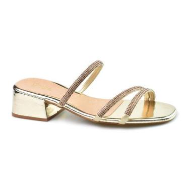 Imagem de Sandália Godiva Bloco Baixo Tiras Strass Dourada Casual -, Ouro, Light