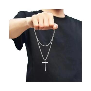 Imagem de Colar Masculino Com Pingente De Cruz Hip Hop Em Aço Titânio Prateado J