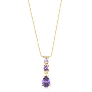 Imagem de Colar Pingente De Pedra Ametista Lilás Folheado A Ouro 18k - Radhau Jo