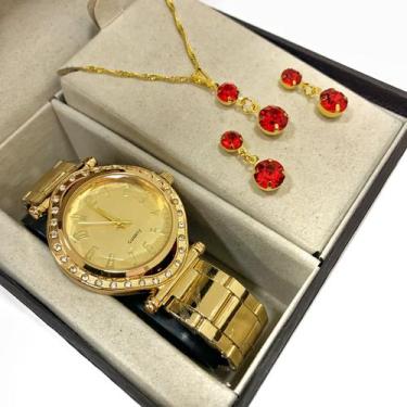 Imagem de Relogio Feminino Dourado Moderno Aço Inox + Kit Folheado - Alra, Doura