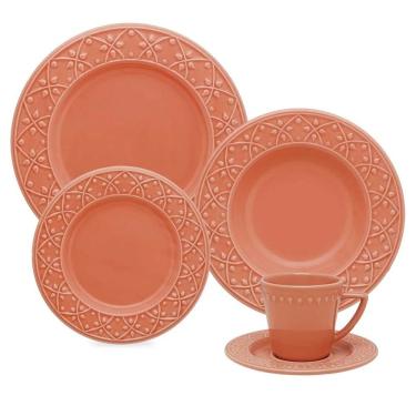 Imagem de Aparelho de Jantar Mendi Damasco 30 Peças Cerâmica Alto Relevo para Uso Diário Laranja Oxford