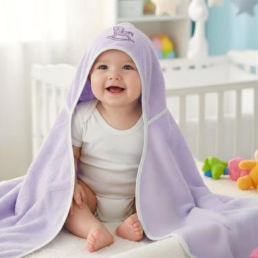 Imagem de Toalha Banho Bebê com Capuz Bordado Algodão Macio Grande 70x80cm Toque