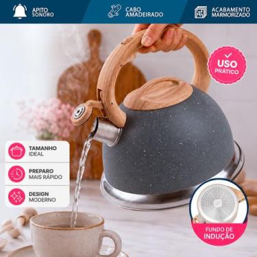 Imagem de Chaleira Com Apito 3L Bico Inox Cabo Amadeirado Acabamento Marmorizado