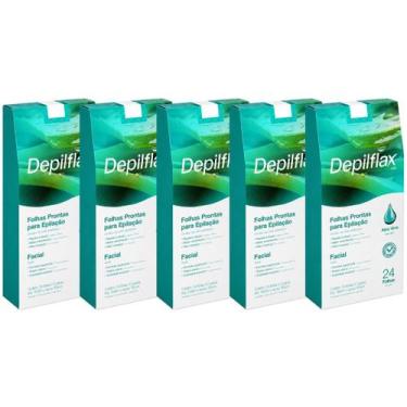 Imagem de Kit 5 Folhas Prontas Depilação Facial Aloe Vera Depilflax Cera Fria Bu