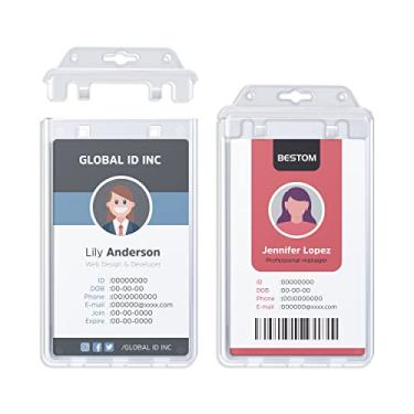 Imagem de Bestom Pacote com 50 porta-cartões de identificação de plástico rígido transparente – Suporte vertical seguro para crachá de trabalho de dupla face, serve para dois crachás de identificação padrão de