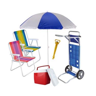 Imagem de Kit Praia Carrinho Com Avanço + 2 Cadeira Alta + Guarda Sol + Caixa Térmica + Saca Areia - Mor