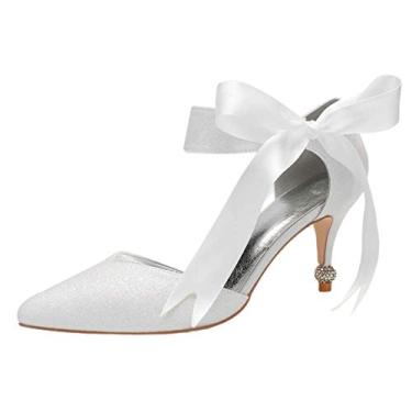 Imagem de Sandália feminina nó tira no tornozelo bico fino salto gatinha glitter sapatos de festa de casamento noiva, Marfim, 6