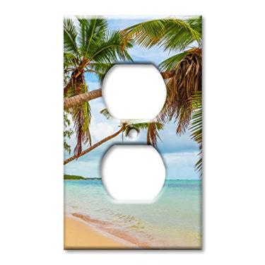 Imagem de Art Plates Placa de parede com tomada dupla - Palmeiras de praia sobre a água