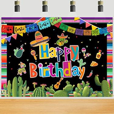Imagem de Pano de fundo de festa mexicana feliz aniversário 2,1 x 1,5 m, pano de fundo de festa Fiesta, decorações de festa de carnaval Cinco de Mayo, toalha de mesa colorida para decoração de cabine fotográfica para estúdio de estúdio