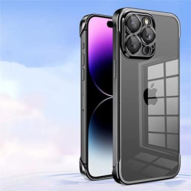 Imagem de MOESOE Compatível com capa para iPhone 13, sem moldura, cristal, transparente, PC rígido com lente de vidro de metal Abti-Scratch Capa fina para para-choque - Preto