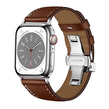 Imagem de Pulseira de couro genuíno para Apple Watch de 38 mm, 40 mm, 41 mm, 42 mm, 44 mm, 45 mm, 46 mm e 49 mm, com fecho borboleta ajustável, pulseira de substituição de couro vintage para iWatch séries