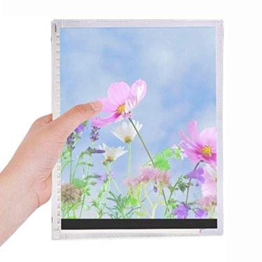 Imagem de Caderno de flores roxas e rosa com fundo azul, diário de folhas soltas recarregável