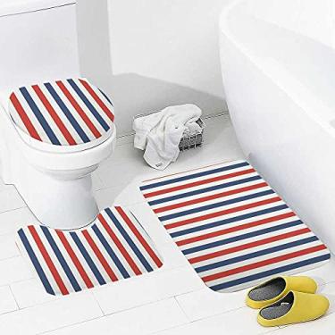 Imagem de Conjunto de tapetes e tapetes de banheiro, 3 peças listradas, azul, vermelho, branco, tapete de banheiro lavável, antiderrapante, tapete de contorno e tampa para banheiro