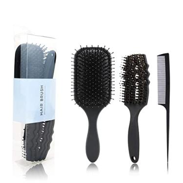 Imagem de Escova de cabelo | Conjunto de escovas de cabelo para mulheres | 3 peças de escovas de cabelo secas e molhadas | O pente anti-nó é adequado para todos os tipos de cabelo, escova alisadora de cabelo, pente de dentes largos para cabelos encaracolados, preto