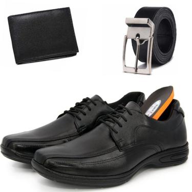 Imagem de Sapato Social Masculino Preto Cadarço Couro Animal + Cinto + Carteira