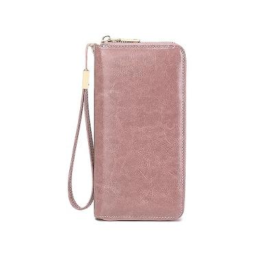 Imagem de Carteira feminina com bloqueio de RFID em couro PU com zíper em volta da carteira de grande capacidade bolsa longa para cartão de crédito clutch bolsa de pulso, rosa, Retrô
