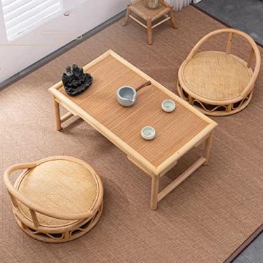 Imagem de Conjunto de mesa de centro de 3 peças, mesa de chá de piso japonês com 2 cadeiras, bambu + mesa baixa de plataforma de rattan tatami para sala de estar, janela saliente, varanda (madeira (3 peças) 60