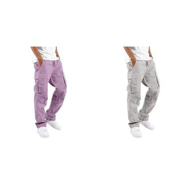 Imagem de 2 peças calças cargo casuais para homens calças esportivas ao ar livre calças casuais largas plus size calça solta com bolsos, Roxo + branco, M