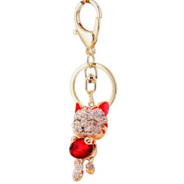 Imagem de Katutude Chaveiro de gato pingente chaveiro carro acessórios brilhantes cristal strass chaveiro bolsa bolsa chaveiro charme, Vermelho, 11.5cm x 2.4cm