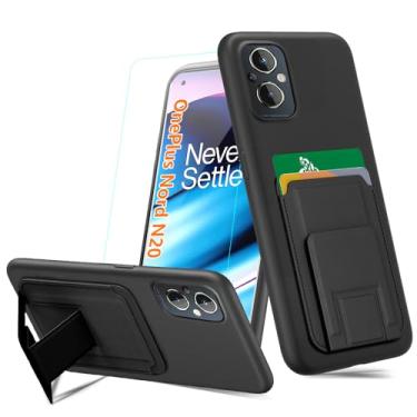 Imagem de Capa para OnePlus Nord N20 5G Capa de telefone com película de vidro temperado, suporte dobrável/suporte carteira porta-cartões/slots silicone TPU capa protetora à prova de choque para OnePlus Nord N20 - Preto