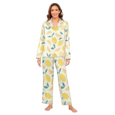 Imagem de KLL Conjunto de pijama sem costura com limões amarelos para mulheres macio manga comprida pijama para mulheres conjunto de pijama para casamento, Padrão sem costura com limões amarelos, G