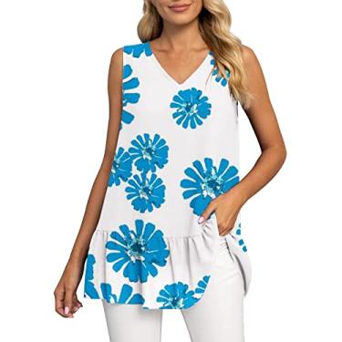 Imagem de Regata feminina de verão, plissada, gola V, sem mangas, folgada, de chiffon Hawailan, túnica, #02 Azul floral, P