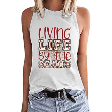 Imagem de PKDong Camiseta feminina de beisebol Living Life by The Seams com estampa regata casual gola redonda sem mangas camiseta feminina de verão, Vermelho, G