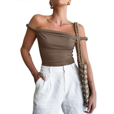 Imagem de Tankaneo Camiseta regata feminina com ombros de fora, sem mangas, caimento justo, elástica, Y2K, Marrom, G
