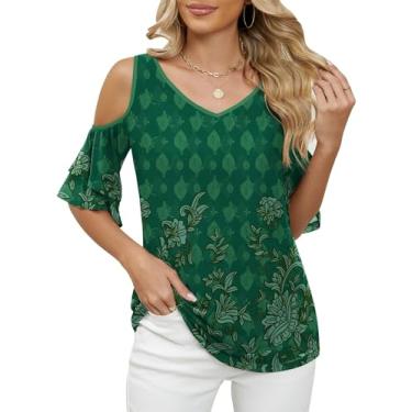 Imagem de LOMON Blusa feminina verão 2024 ombro vazado manga curta túnica casual gola V malha blusas duplas, Floral verde, 3G