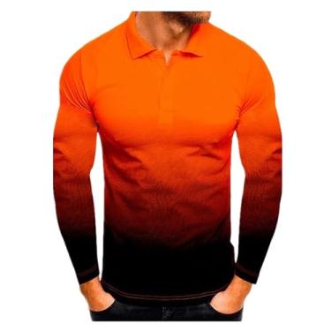 Imagem de Camisa polo masculina cor gradiente colarinho espalhado camisa de golfe cor combinando meia frente botões, Amarelo, XXG