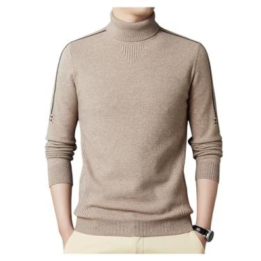 Imagem de Suéter masculino de cor sólida, gola rolê, térmico, gola rolê, suéter elástico, Cáqui, M