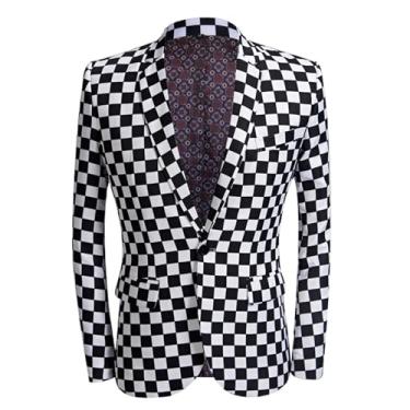 Imagem de Blazer masculino, preto e branco, quadriculado, trespassado, 1 botão, caimento justo, casual, smoking, jaqueta cantora anfitriã, Preto, X-Large