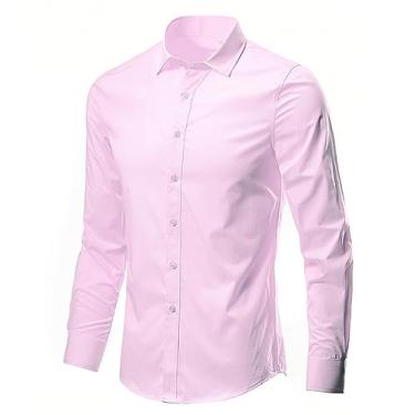 Imagem de Camisa social masculina sem amassados, camisa formal de manga comprida, cor lisa, Rosa, M