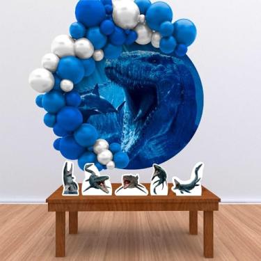 Imagem de Kit Decoração Painel Redondo Festa de Aniversário Infantil Megalodon Mosasaurus Jurassic