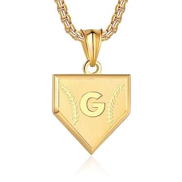 Imagem de Colar com inicial A-Z para meninos, aço inoxidável, com pingente de escudo de letras, corrente de 52 + 5 cm inspiradora de beisebol, joia de presente para homens, Ouro, Sem Pedra Preciosa