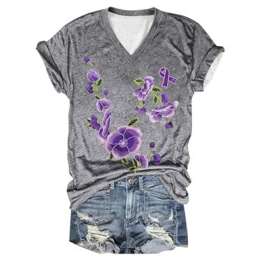 Imagem de Camisetas femininas de conscientização de Alzheimers, estampa floral, roxo, gola V, manga curta, blusa de verão, Cinza, G