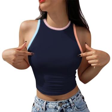 Imagem de PKDong Halter Tops para mulheres sexy sem mangas camiseta feminina frente única gola redonda camiseta regata feminina cropped na moda, Azul escuro, G