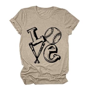 Imagem de Camiseta feminina de verão, estampa de beisebol, gola redonda, caimento solto, camiseta moderna de manga curta, Caqui, GG